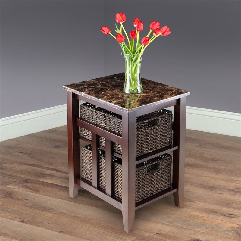 Winsome Zoey Faux Marble Top Solid Wood Side Table with 2 Baskets in Walnut