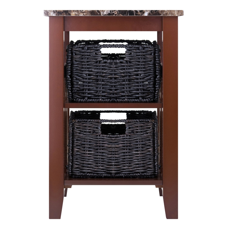 Winsome Zoey Faux Marble Top Solid Wood Side Table with 2 Baskets in Walnut
