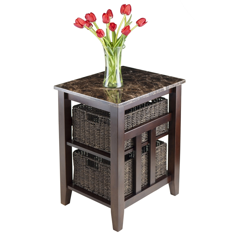 Winsome Zoey Faux Marble Top Solid Wood Side Table with 2 Baskets in Walnut