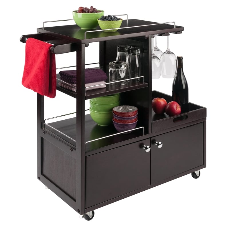 Winsome Galen Transitional Solid Wood Bar Cart with Serving Tray in Espresso