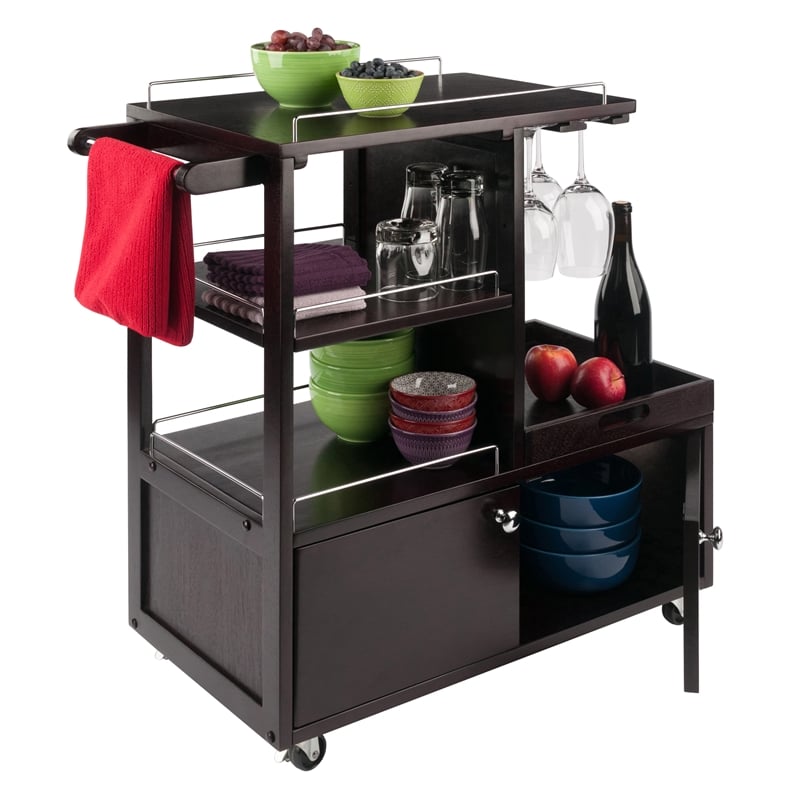 Winsome Galen Transitional Solid Wood Bar Cart with Serving Tray in Espresso