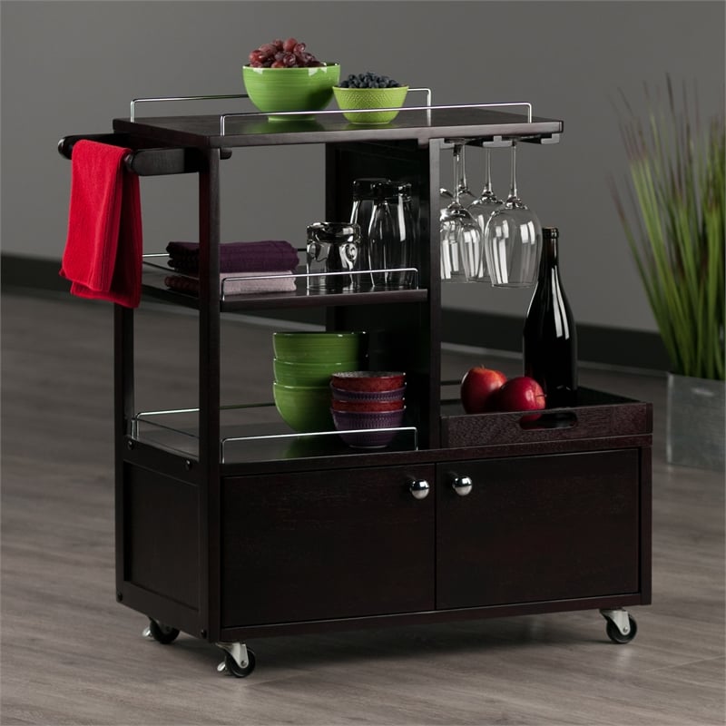 Winsome Galen Transitional Solid Wood Bar Cart with Serving Tray in Espresso