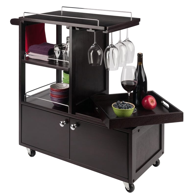 Winsome Galen Transitional Solid Wood Bar Cart with Serving Tray in Espresso