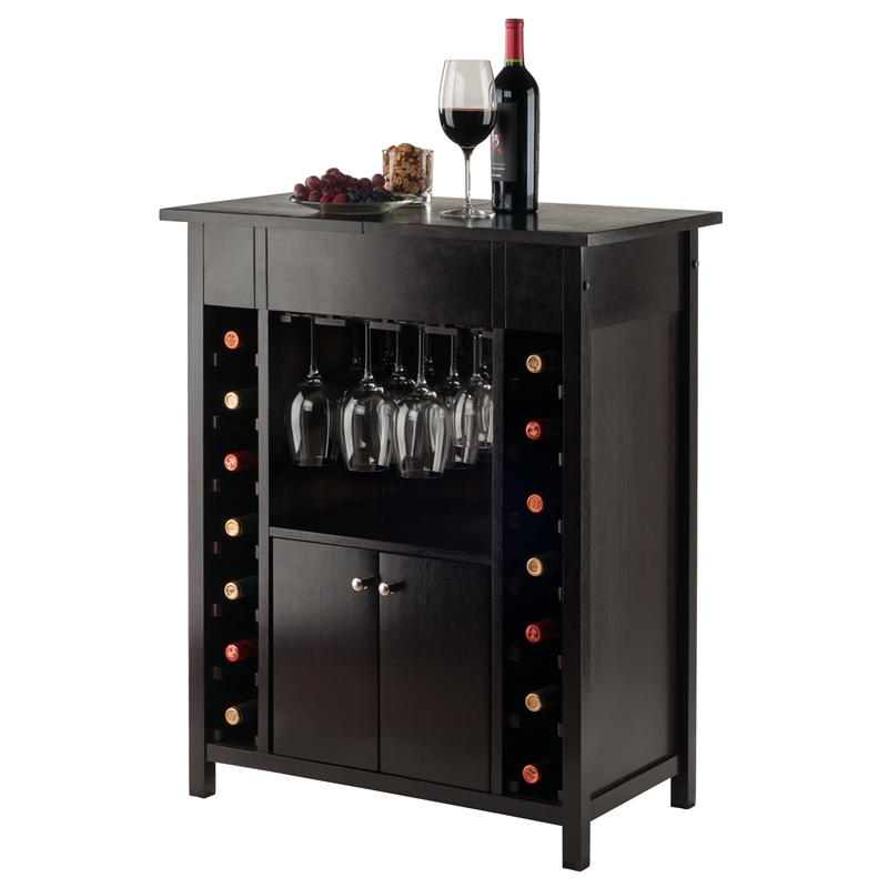 Winsome Yukon Transitional Solid Wood Home Bar Cabinet in Espresso
