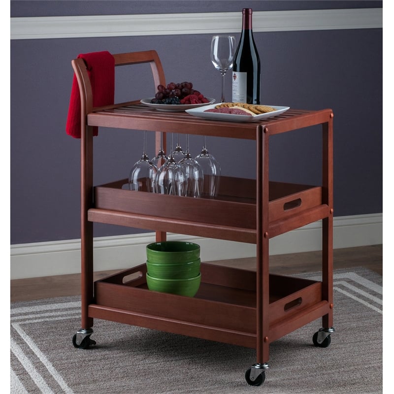 Winsome Albert Transitional Solid Wood Serving Bar Cart in Walnut