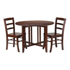 Winsome Alamo 3-Piece Round Drop Leaf Solid Wood Dining Set in Walnut