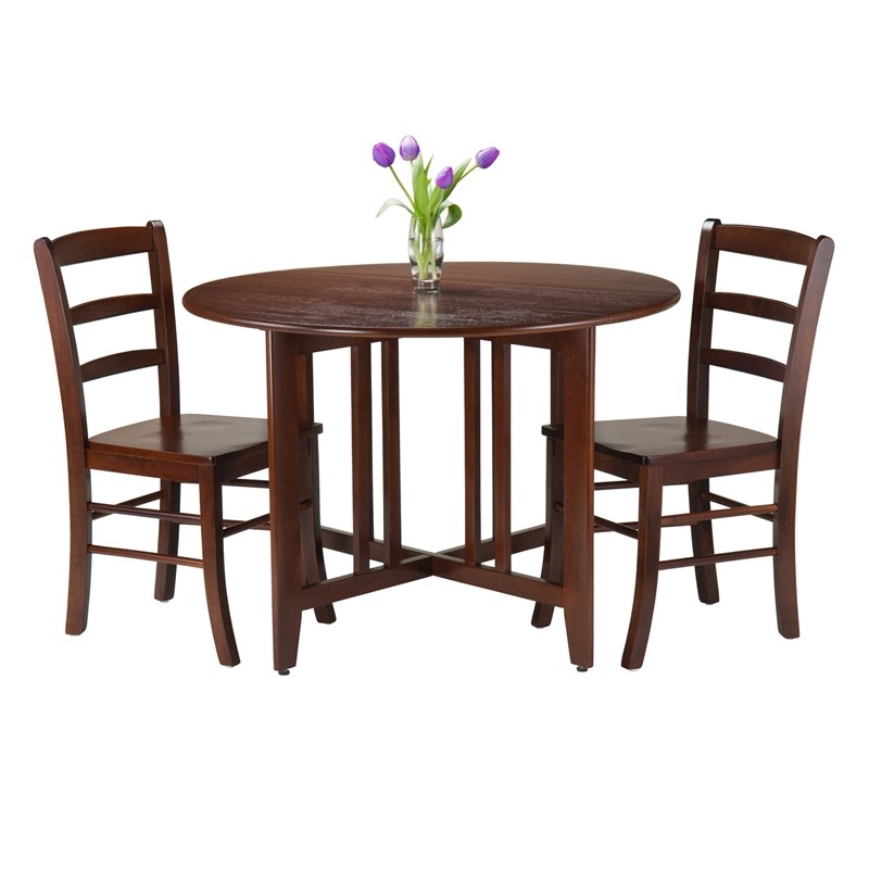 Winsome Alamo 3-Piece Round Drop Leaf Solid Wood Dining Set in Walnut