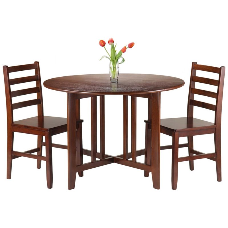 Winsome Alamo 3 Pieces Round Drop Leaf Solid Wood Dining Set in Walnut