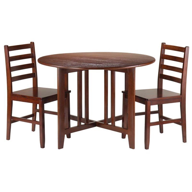 Winsome Alamo 3 Pieces Round Drop Leaf Solid Wood Dining Set in Walnut