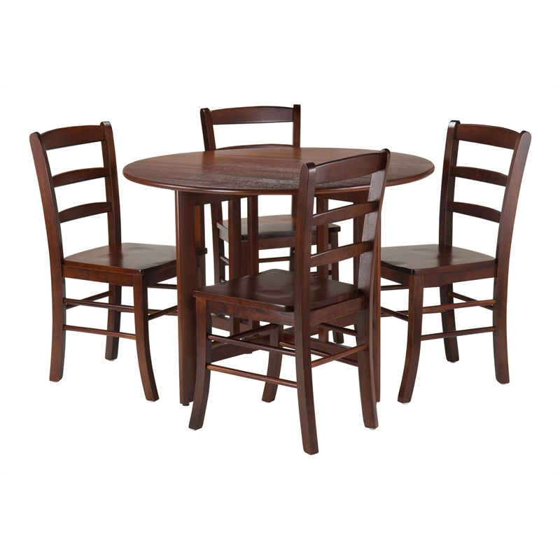 Winsome Alamo 5-Piece Round Drop Leaf Solid Wood Dining Set in Walnut