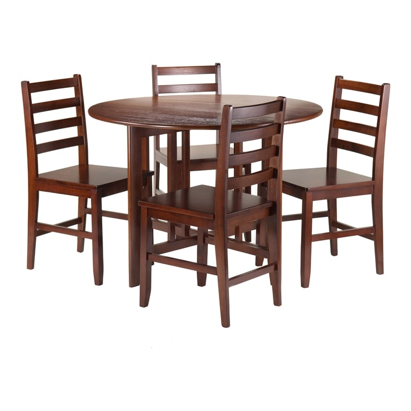 Winsome Alamo 5-Piece Round Drop Leaf Solid Wood Dining Set - Walnut