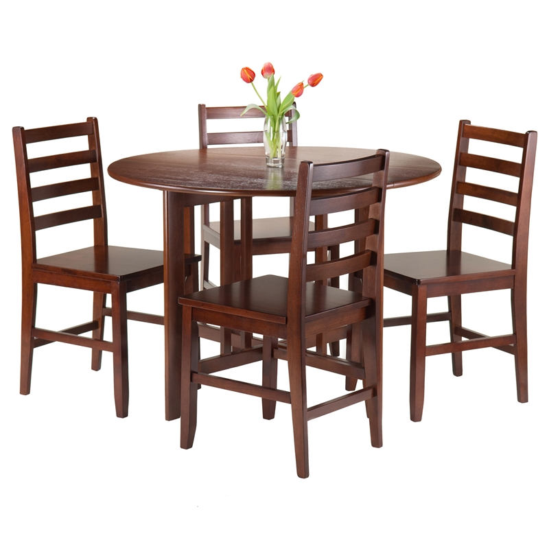 Winsome Alamo 5-Piece Round Drop Leaf Solid Wood Dining Set - Walnut