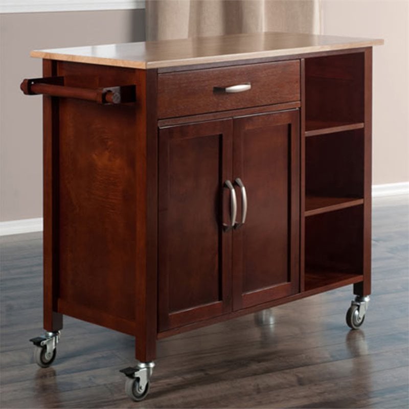 Winsome Mabel Transitional Solid Wood Kitchen Cart in Walnut and Natural