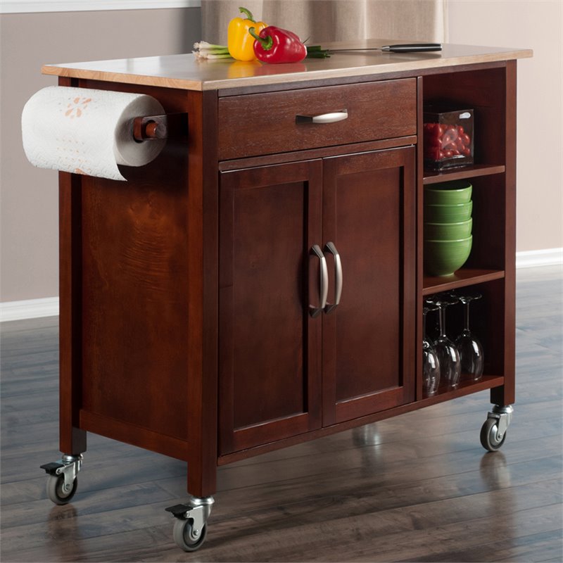 Winsome Mabel Transitional Solid Wood Kitchen Cart in Walnut and Natural