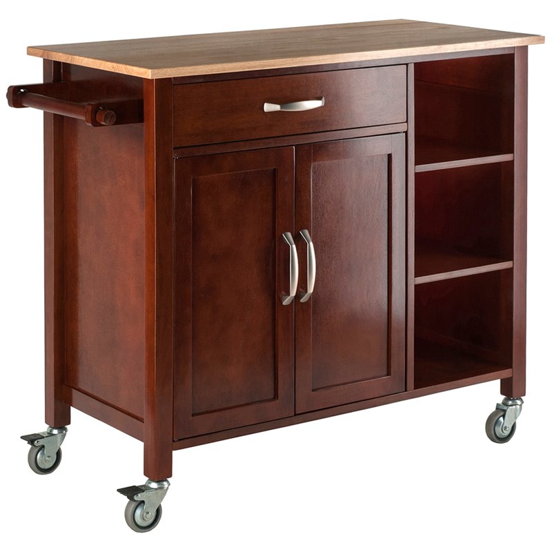 Winsome Mabel Transitional Solid Wood Kitchen Cart in Walnut and Natural