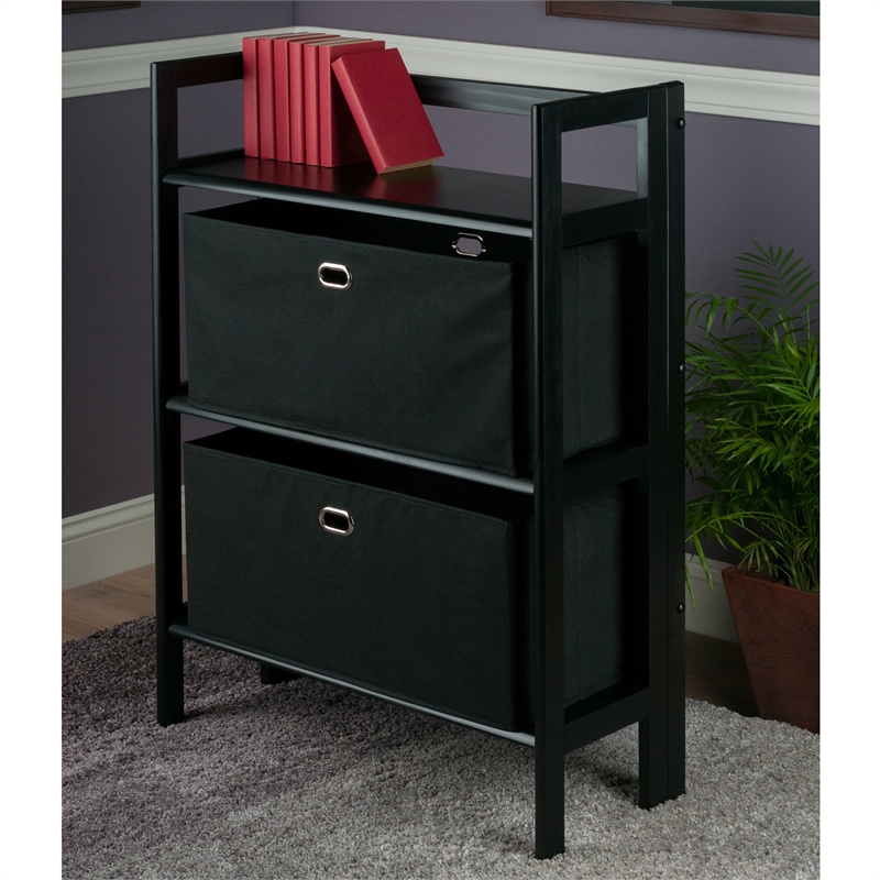 Winsome Torino 3 Shelf Solid Wood Folding Basket Bookcase in Black