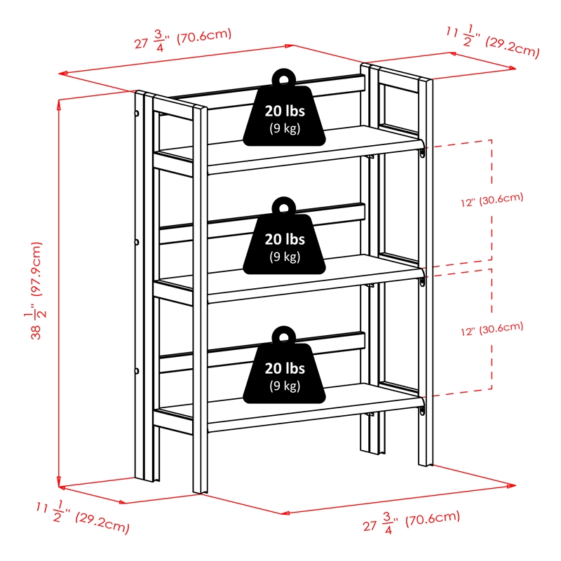 Winsome Torino 3 Shelf Solid Wood Folding Basket Bookcase in Black