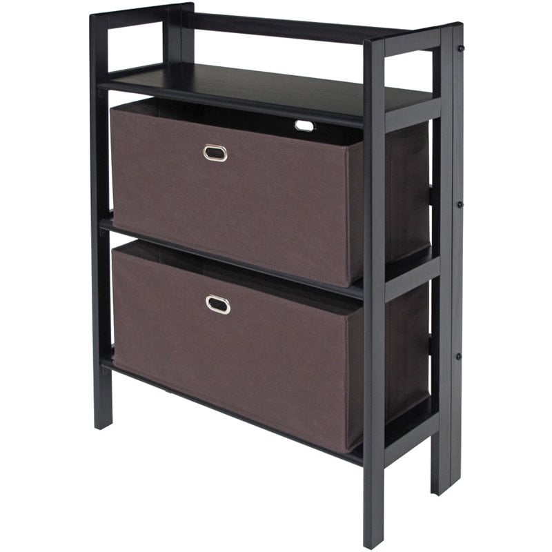 Winsome Torino 3 Shelf Solid Wood Folding Basket Bookcase In Black And Chocolate 20382