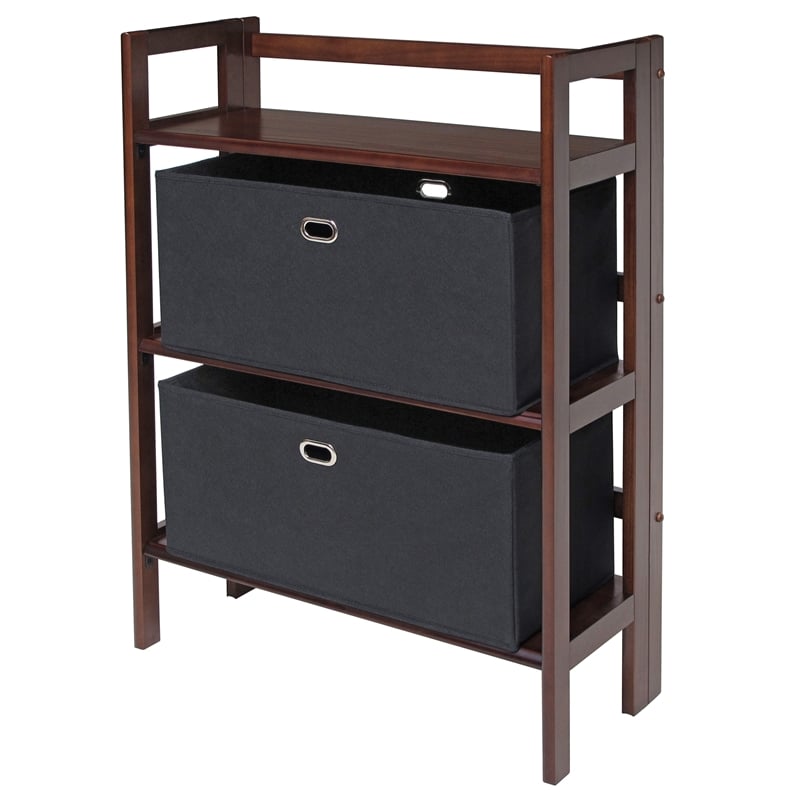Winsome Torino 3 Shelf Solid Wood Folding Basket Bookcase in Walnut and Black