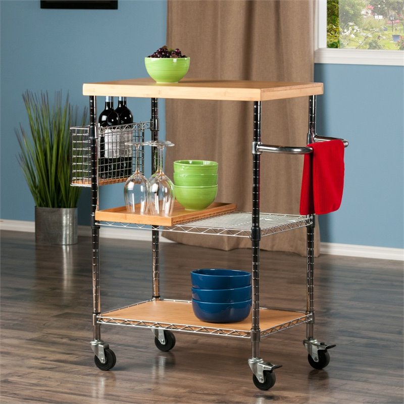 Winsome Madera Bamboo Top Transitional Metal Kitchen Cart in Natural