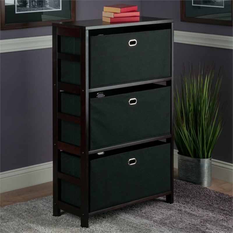 Winsome Torino 3 Shelf Solid Wood Basket Bookcase in Espresso and Black