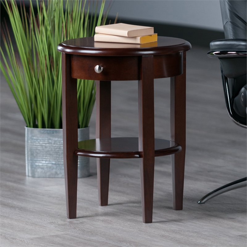 Winsome Concord Round Transitional Solid Wood End Table with 1-Drawer in Walnut