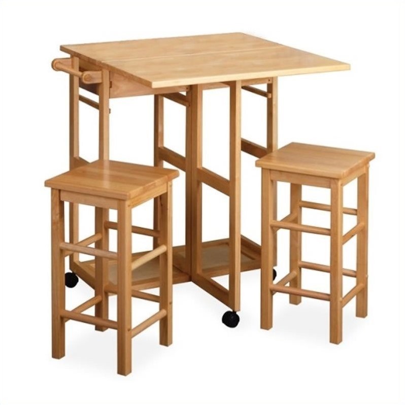 Winsome Drop Leaf Table/Kitchen Cart with 2 Stools in Natural Finish 89330