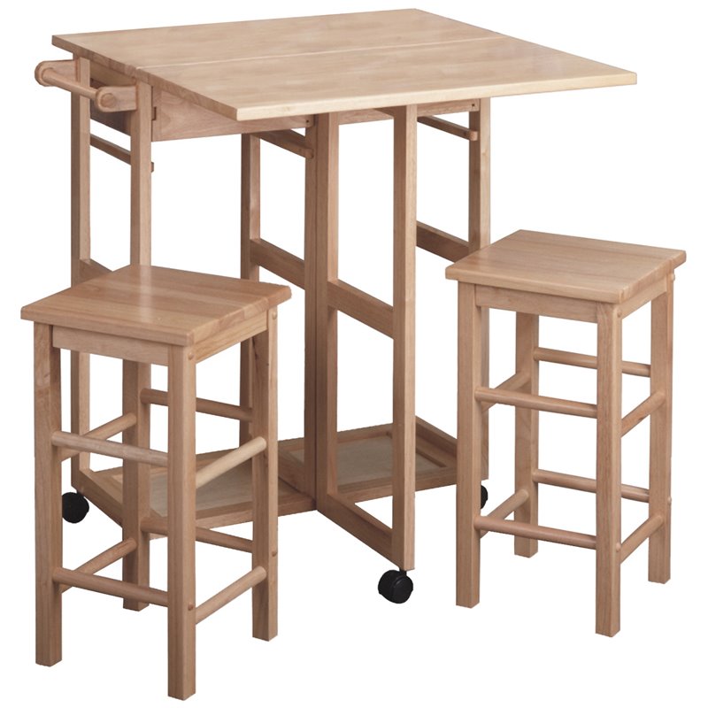 Winsome Suzanne 3-Piece Drop Leaf Solid Wood Kitchen Cart w/ 2 Stools in Natural
