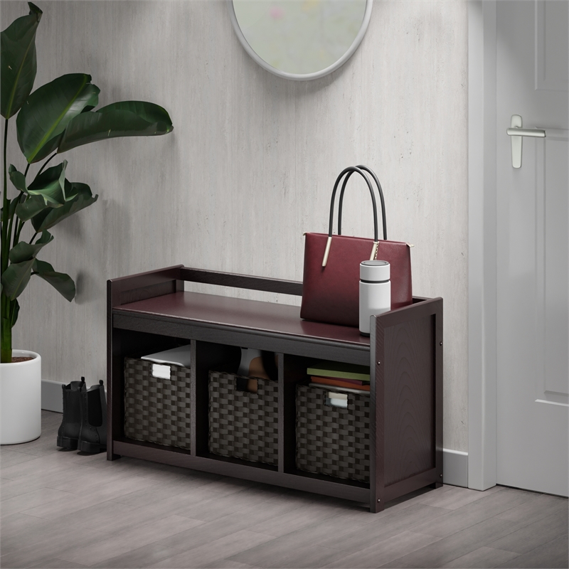 Winsome Addison 4-Piece Storage Solid Wood Bench w/ Baskets - Espresso/Chocolate