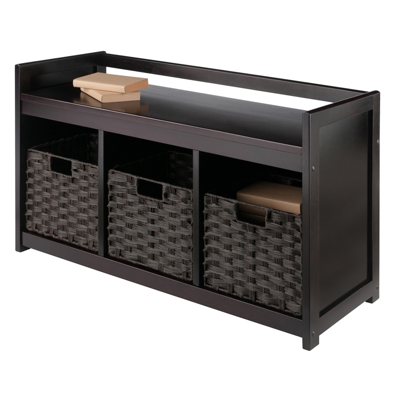 Winsome Addison 4-Piece Storage Solid Wood Bench w/ Baskets - Espresso/Chocolate