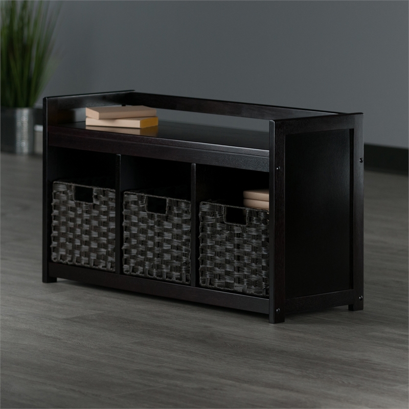 Winsome Addison 4-Piece Storage Solid Wood Bench w/ Baskets - Espresso/Chocolate
