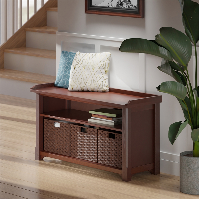 Winsome Milan 4-Piece Storage Solid Wood Bench w/ 3 Foldable Baskets in Walnut