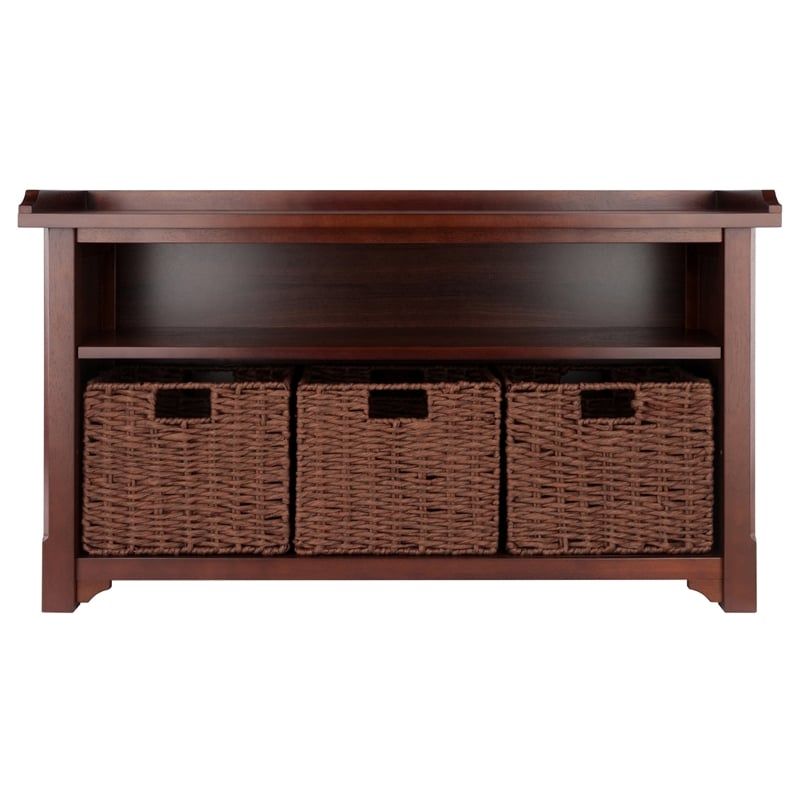 Winsome Milan 4-Piece Storage Solid Wood Bench w/ 3 Foldable Baskets in Walnut