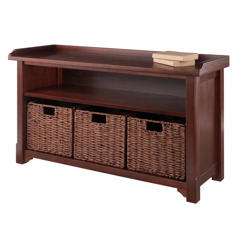 Winsome Milan 4-Piece Storage Solid Wood Bench w/ 3 Foldable Baskets in Walnut