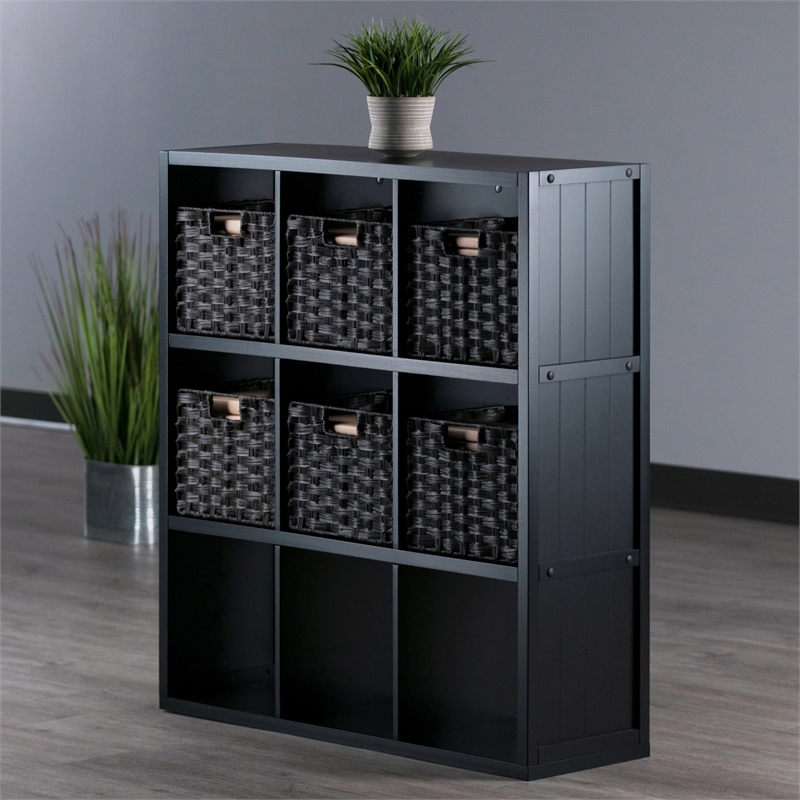 Winsome Timothy 7-Piece Wood Storage Shelf with Baskets in Black and Chocolate