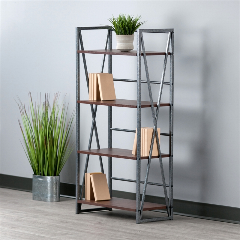 Winsome Isa 4-Tier Contemporary Wood Shelf in Graphite and Walnut