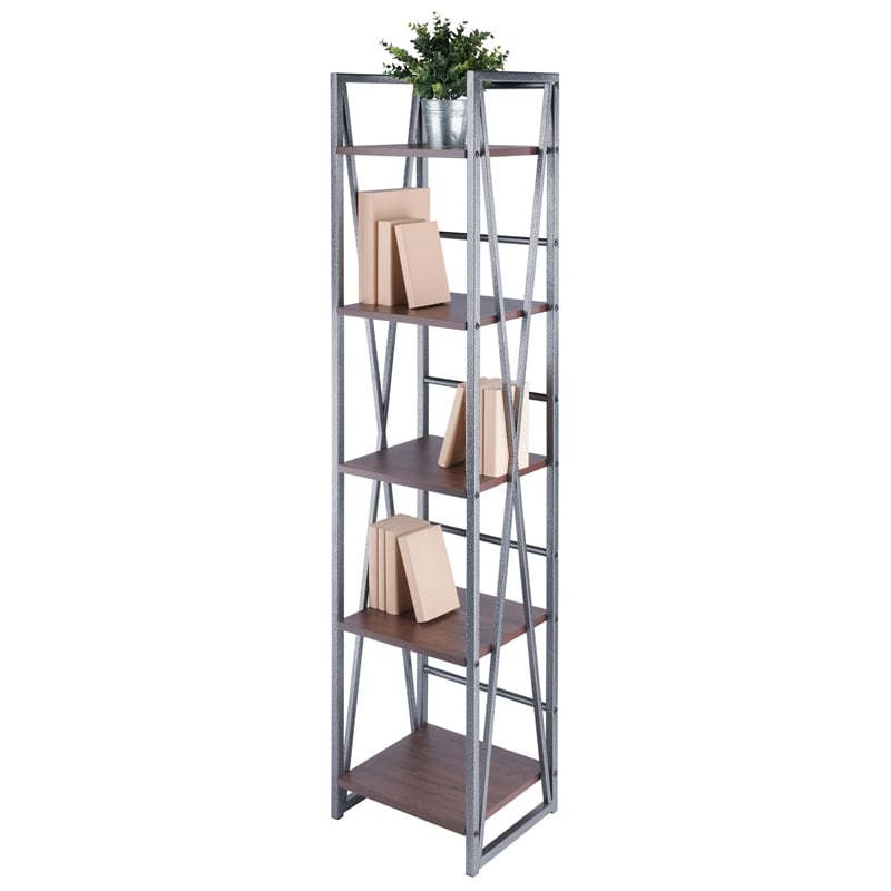 Winsome Isa 5-Tier Contemporary Wood Shelf in Graphite and Walnut