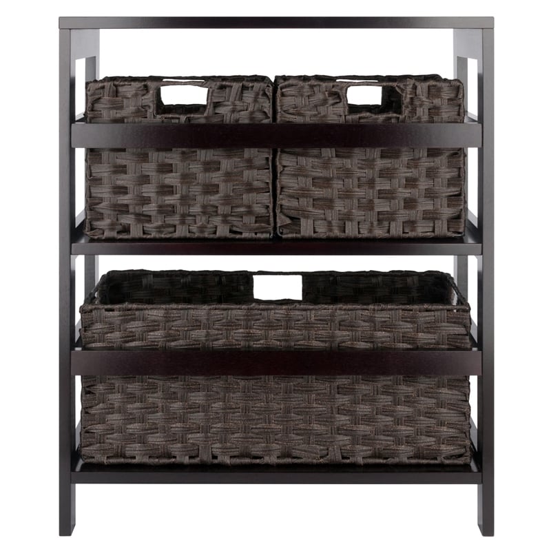 Winsome Leo 4-Piece Solid Wood Storage Shelf w/ Baskets in Espresso/Chocolate
