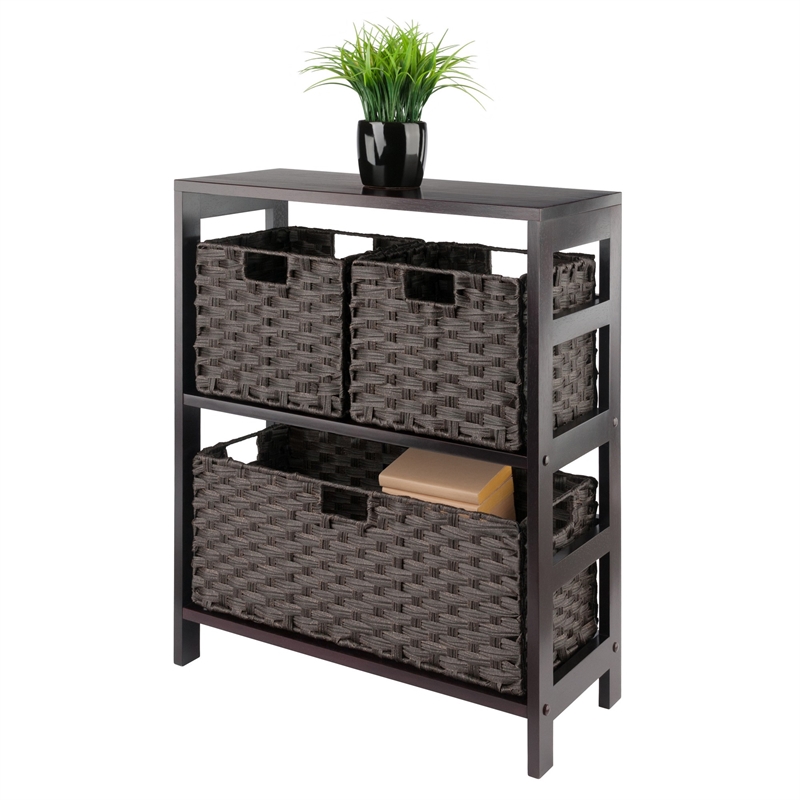 Winsome Leo 4-Piece Solid Wood Storage Shelf w/ Baskets in Espresso/Chocolate