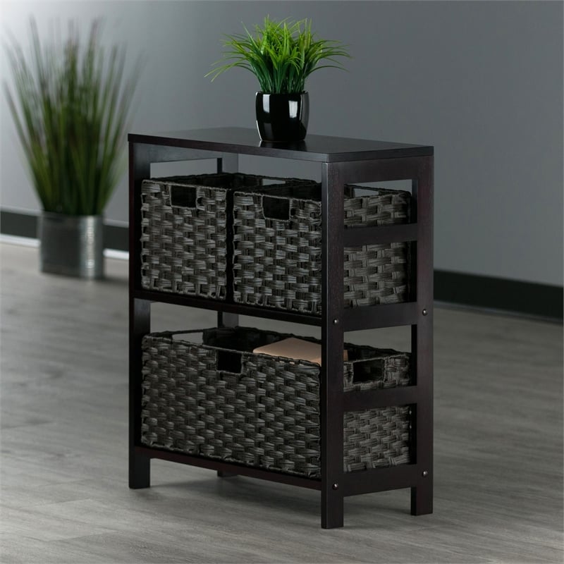 Winsome Leo 4-Piece Solid Wood Storage Shelf w/ Baskets in Espresso/Chocolate