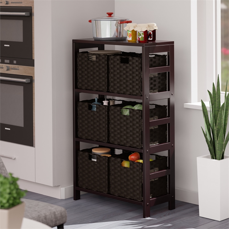 Winsome Leo 7-Piece Solid Wood Storage Shelf with Baskets in Espresso/Chocoalte