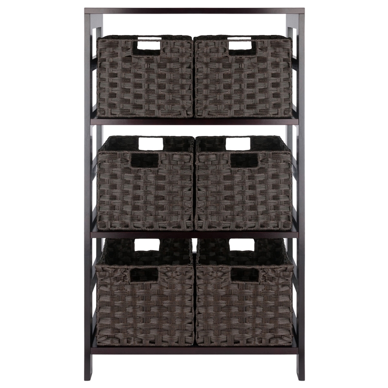 Winsome Leo 7-Piece Solid Wood Storage Shelf with Baskets in Espresso/Chocoalte