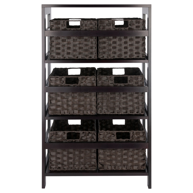 Winsome Leo 7-Piece Solid Wood Storage Shelf with Baskets in Espresso/Chocoalte