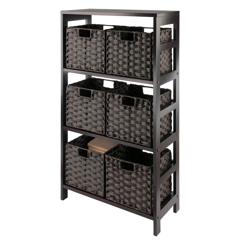 Winsome Leo 7-Piece Solid Wood Storage Shelf with Baskets in Espresso/Chocoalte