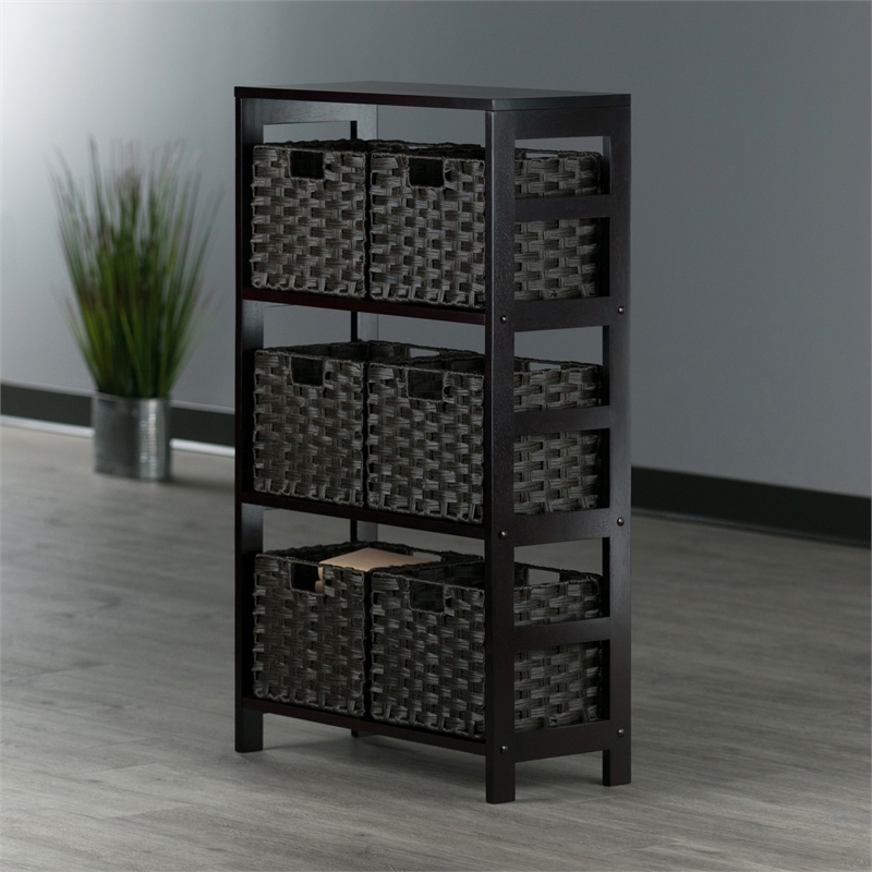 Winsome Leo 7-Piece Solid Wood Storage Shelf with Baskets in Espresso/Chocoalte