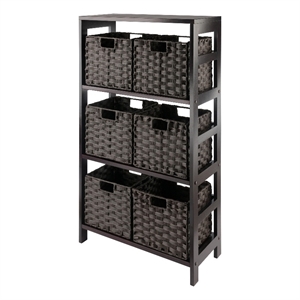Winsome Leo 7-Piece Solid Wood Storage Shelf with Baskets in Espresso/Chocoalte