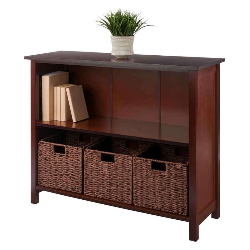 Winsome Milan 4-Piece Solid Wood Storage Shelf with 3 Foldable Baskets in Walnut