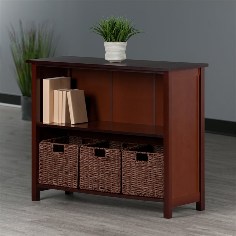 Winsome Milan 4-Piece Solid Wood Storage Shelf with 3 Foldable Baskets in Walnut