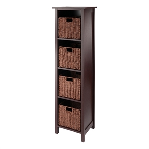 Winsome Milan 5-Piece Solid Wood Storage Shelf with 4 Foldable Baskets in Walnut