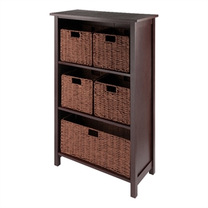 Winsome Milan 6-Piece Solid Wood Storage Shelf with 5 Foldable Baskets in Walnut
